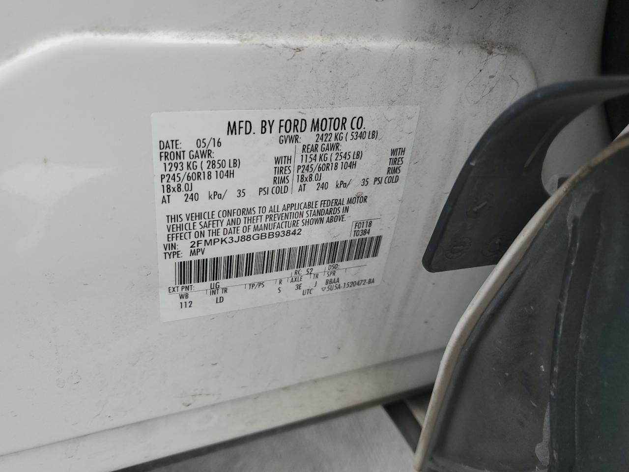 2016 Ford Edge Sel VIN: 2FMPK3J88GBB93842 Lot: 82753365