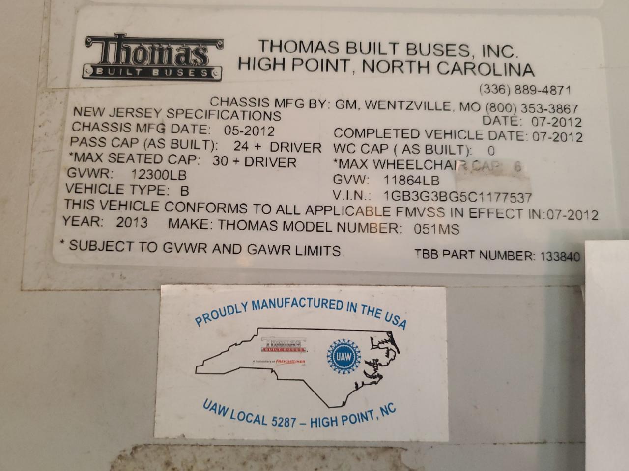 2012 Thomas Minotour G3500 - School Bus VIN: 1GB3G3BG5C1177537 Lot: 84647735