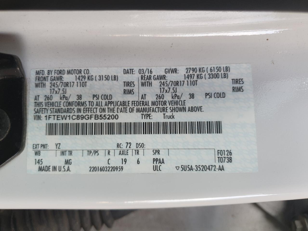 2016 Ford F150 Supercrew VIN: 1FTEW1C89GFB55200 Lot: 90329535