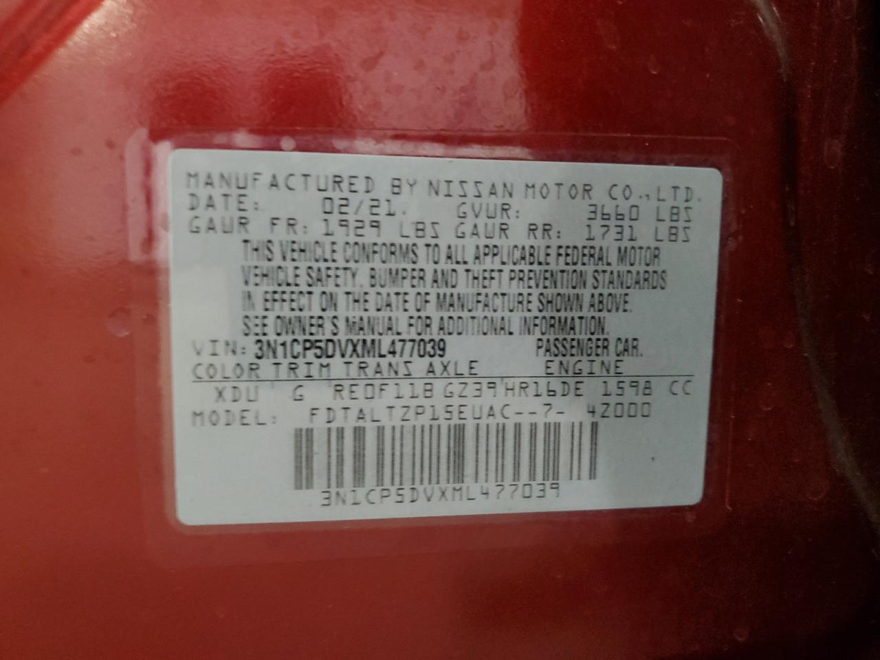 2021 Nissan Kicks Sr VIN: 3N1CP5DVXML477039 Lot: 82363785