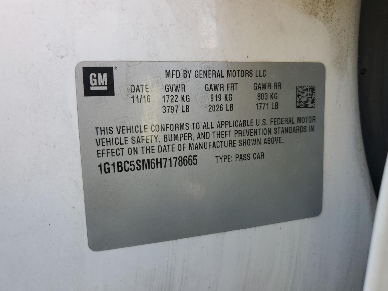 2017 Chevrolet Cruze Ls VIN: 1G1BC5SM6H7178665 Lot: 86336575