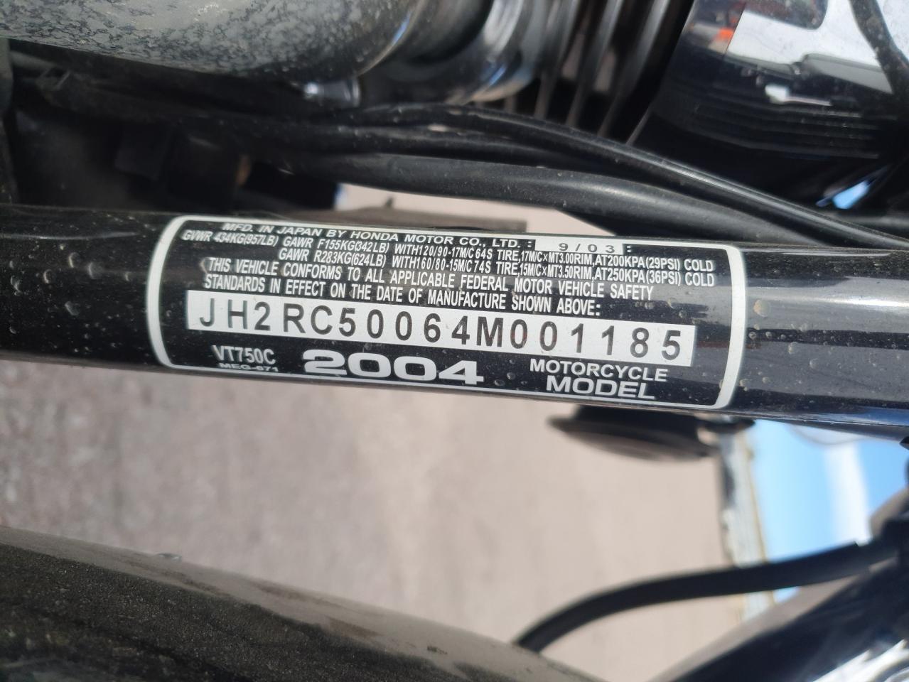 2004 Honda Vt750 C VIN: JH2RC50064M001185 Lot: 90689415