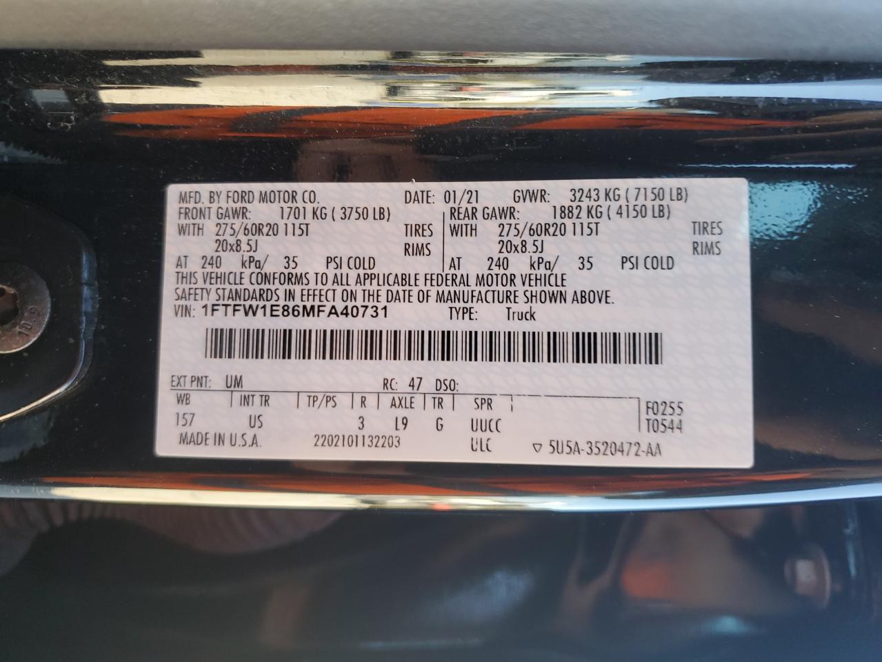 2021 Ford F150 Supercrew VIN: 1FTFW1E86MFA40731 Lot: 86174615