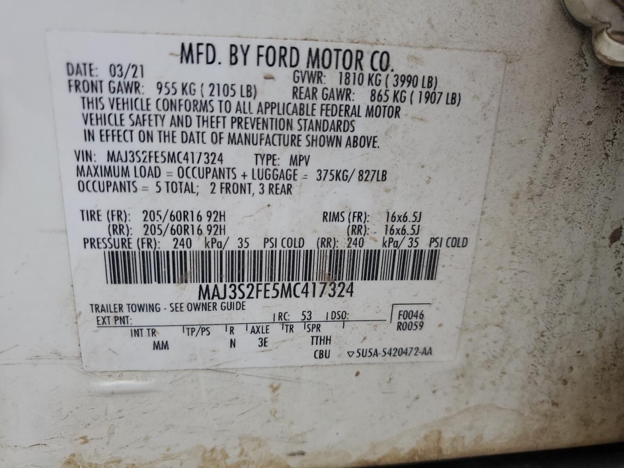 2021 Ford Ecosport S VIN: MAJ3S2FE5MC417324 Lot: 82775525