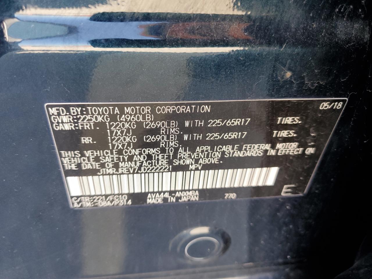 2018 Toyota Rav4 Hv Le VIN: JTMRJREV7JD222221 Lot: 86504475