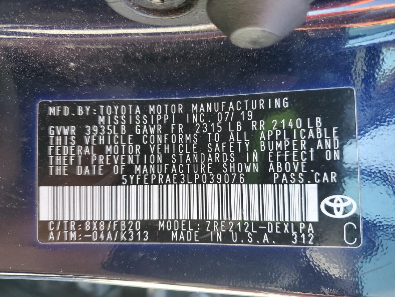 2020 Toyota Corolla Le VIN: 5YFEPRAE3LP039076 Lot: 82484585