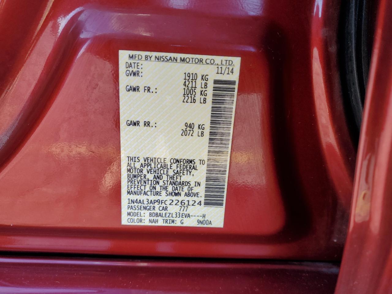 2015 Nissan Altima 2.5 VIN: 1N4AL3AP9FC226124 Lot: 85835275