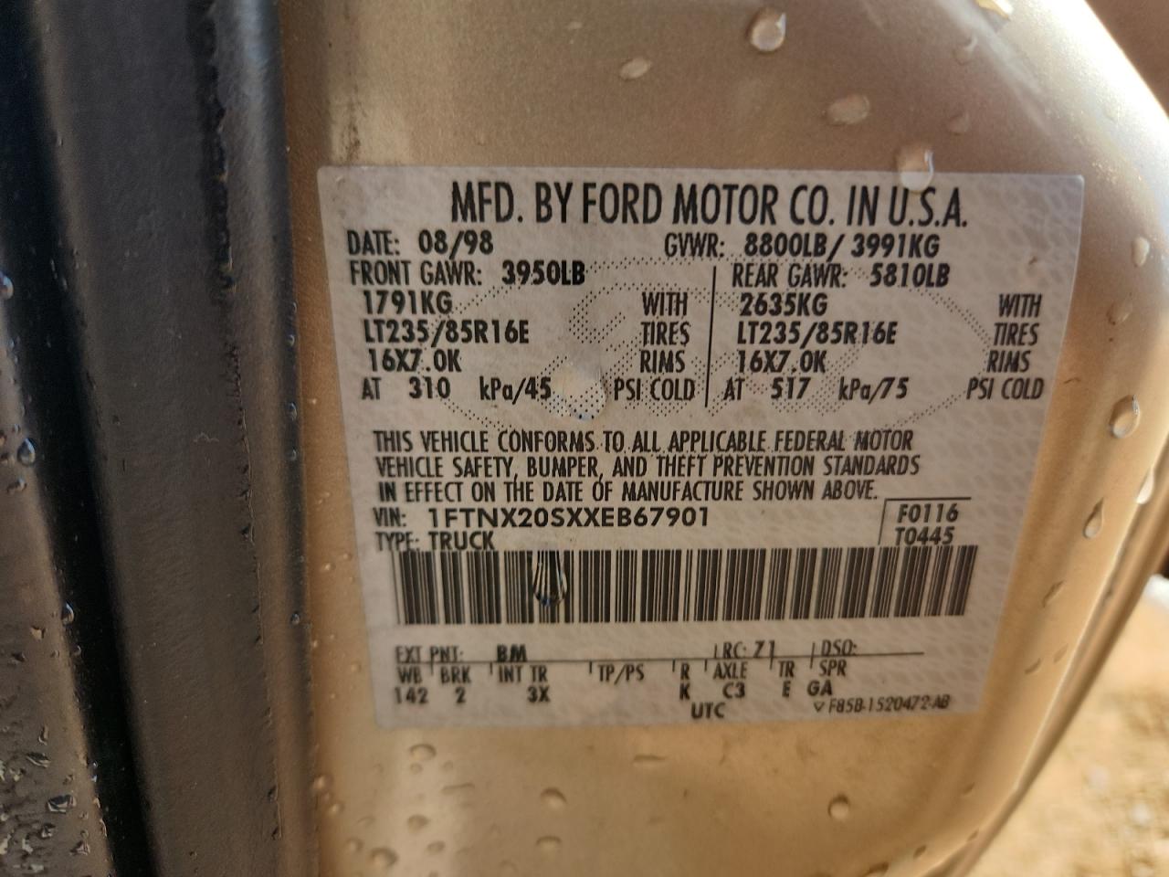 1999 Ford F250 Super Duty VIN: 1FTNX20SXXEB67901 Lot: 86330765