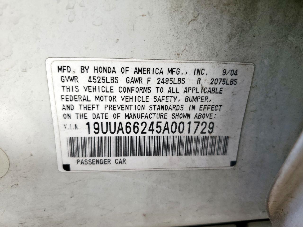 2005 Acura Tl VIN: 19UUA66245A001729 Lot: 82352875