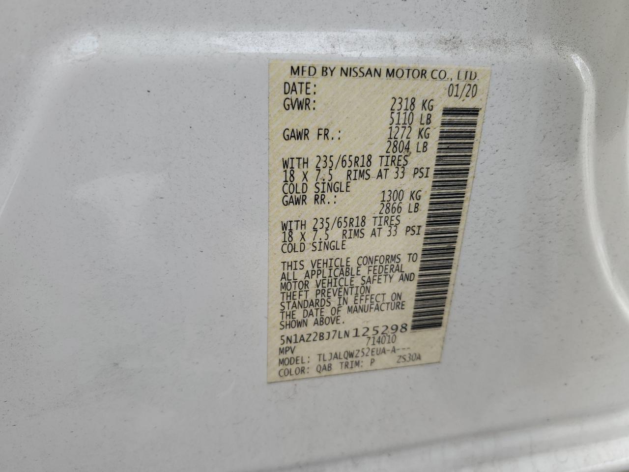 2020 Nissan Murano Sv VIN: 5N1AZ2BJ7LN125298 Lot: 89649485