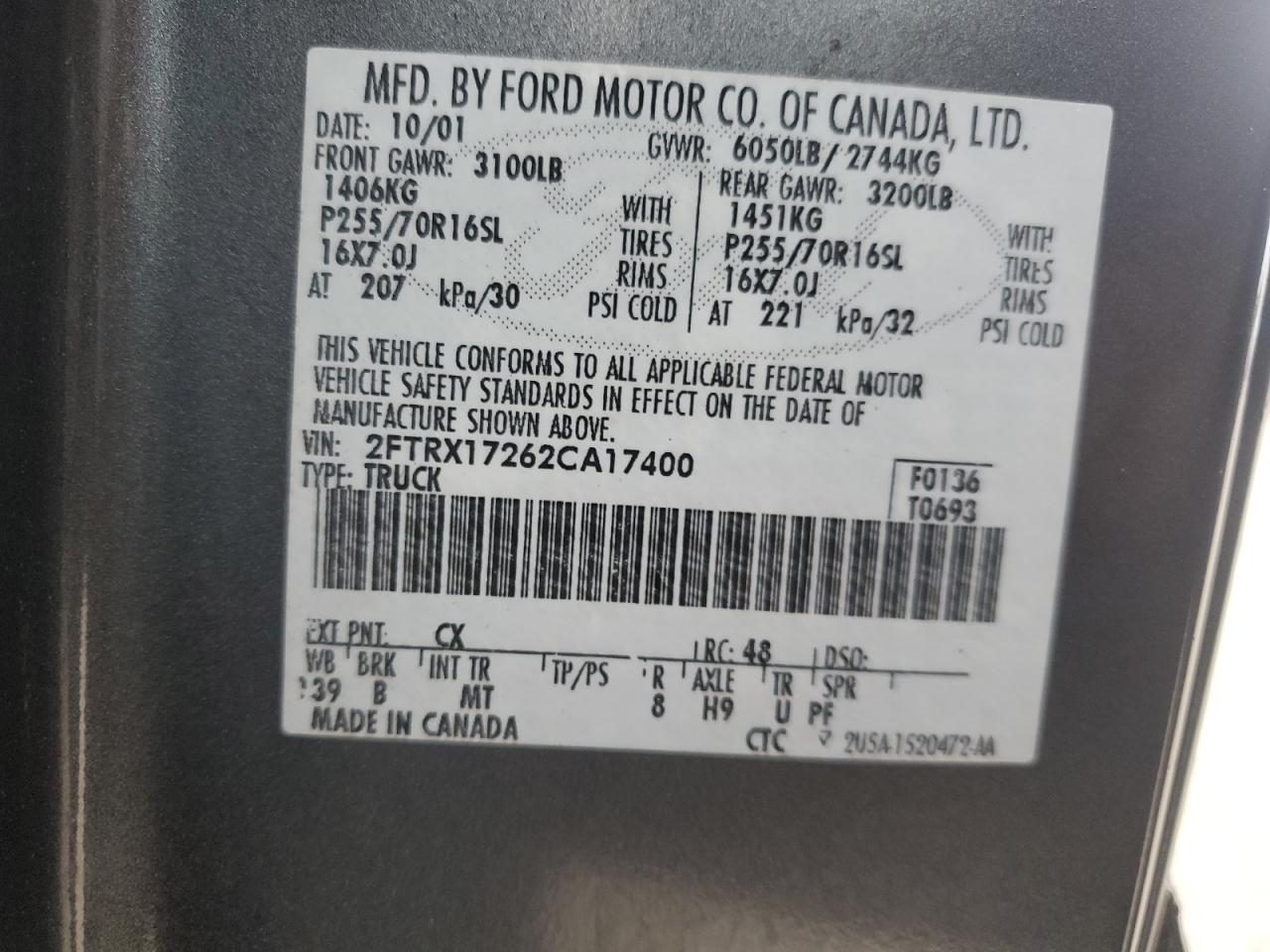 2002 Ford F150 VIN: 2FTRX17262CA17400 Lot: 86613415