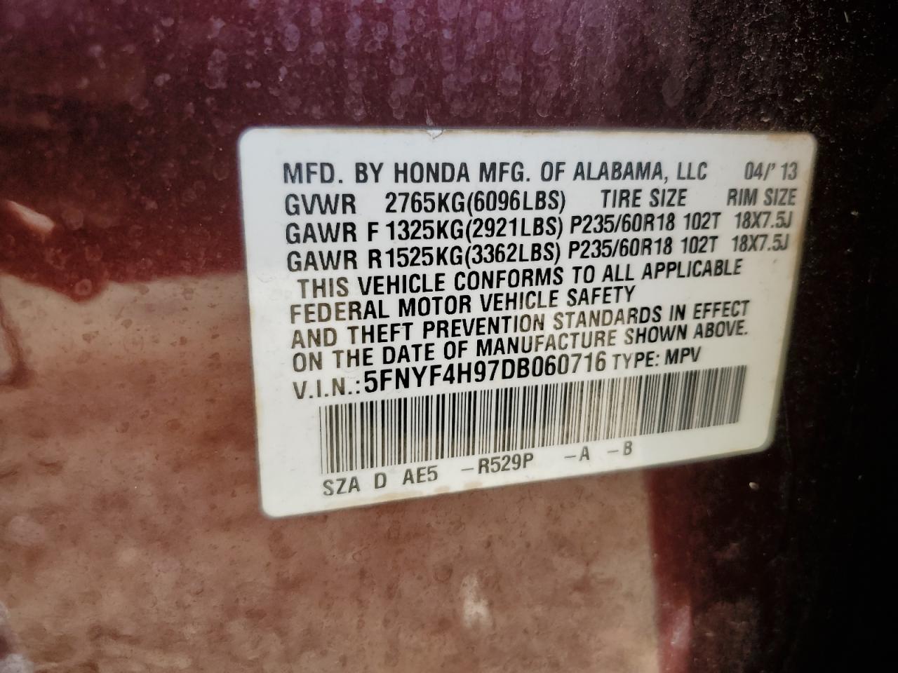 2013 Honda Pilot Touring VIN: 5FNYF4H97DB060716 Lot: 81985915