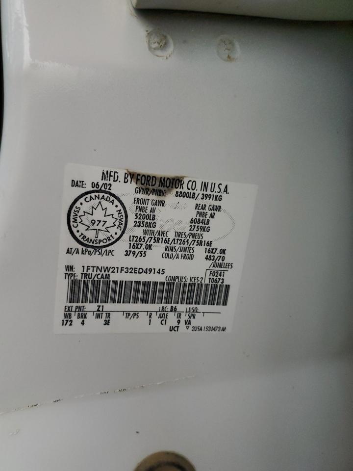 2002 Ford F250 Super Duty VIN: 1FTNW21F32ED49145 Lot: 85734155