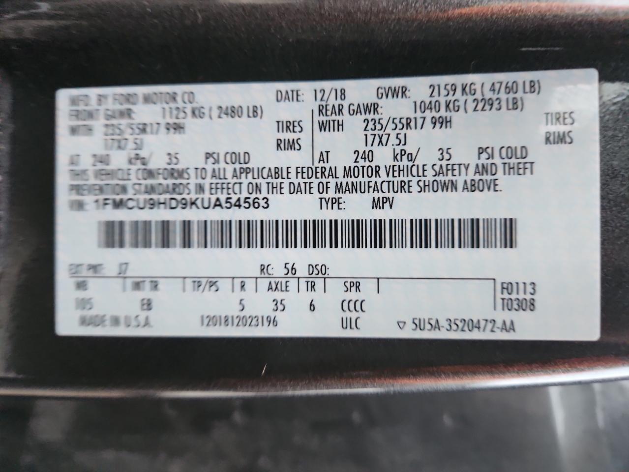 2019 Ford Escape Sel VIN: 1FMCU9HD9KUA54563 Lot: 89660715