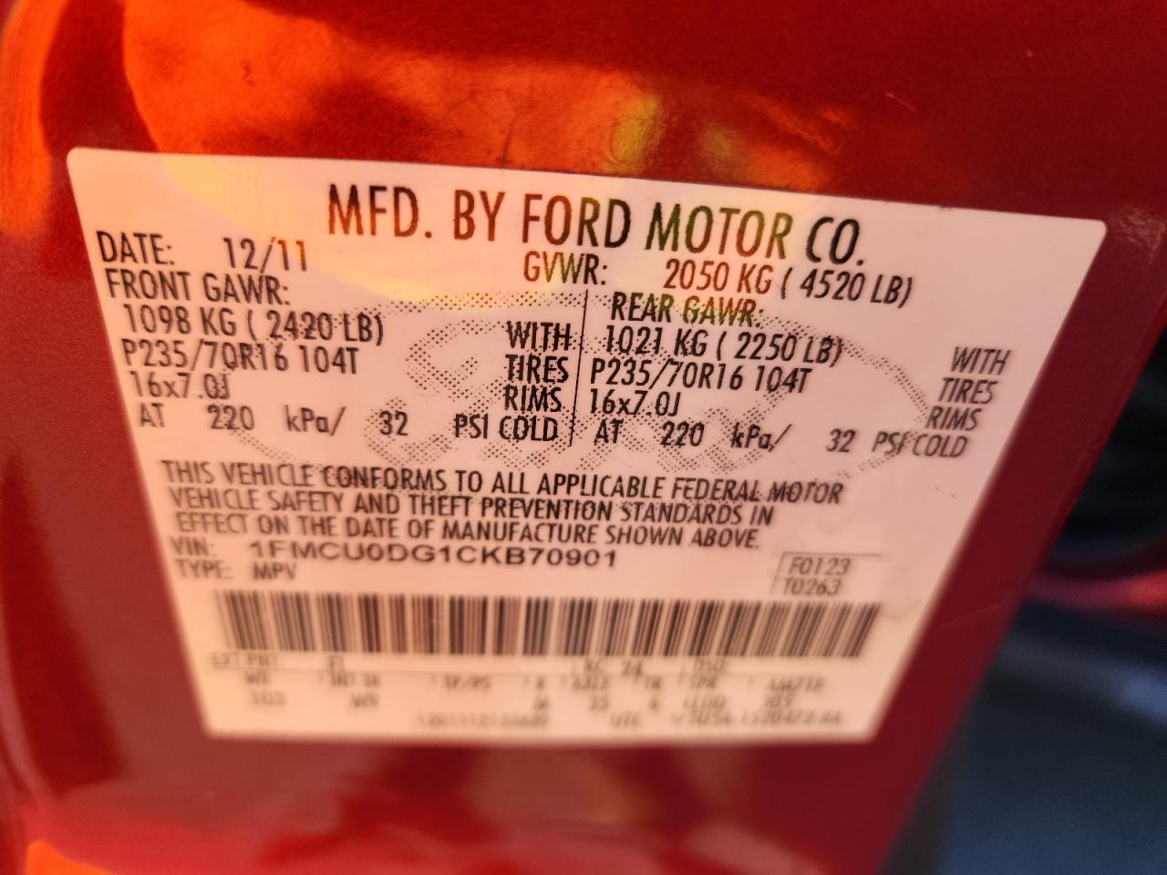 2012 Ford Escape Xlt VIN: 1FMCU0DG1CKB70901 Lot: 85164285