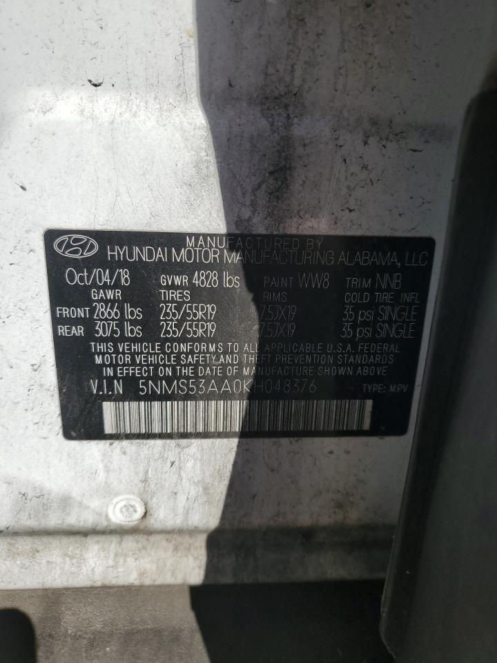 2019 Hyundai Santa Fe Limited VIN: 5NMS53AA0KH048376 Lot: 86338925