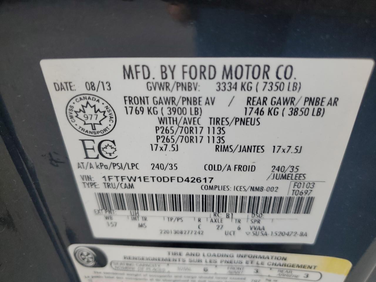 2013 Ford F150 Supercrew VIN: 1FTFW1ET0DFD42617 Lot: 82257405