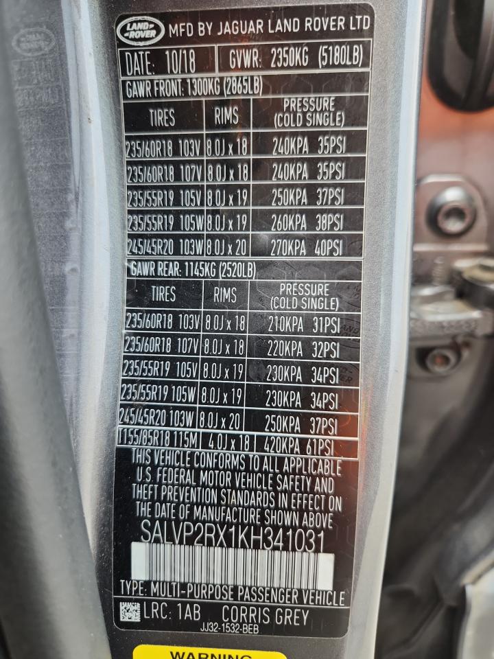 2019 Land Rover Range Rover Evoque Se VIN: SALVP2RX1KH341031 Lot: 89813585