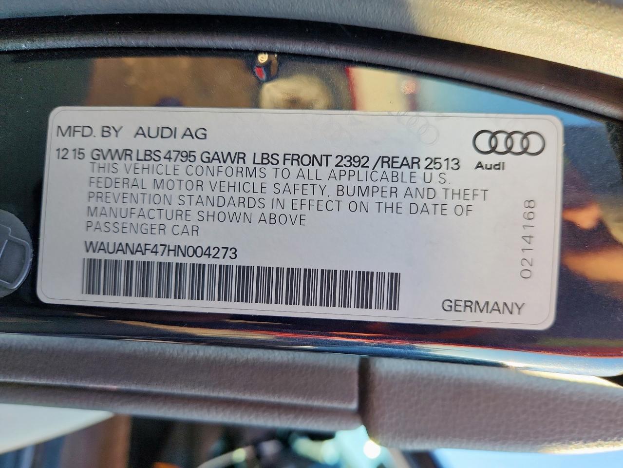 2017 Audi A4 Premium VIN: WAUANAF47HN004273 Lot: 90347065