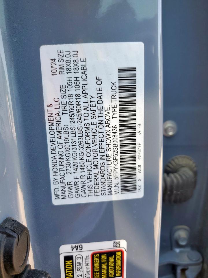 2025 Honda Ridgeline Rtl VIN: 5FPYK3F52SB008436 Lot: 85179245