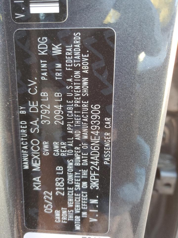 2022 Kia Forte Fe VIN: 3KPF24AD6NE493906 Lot: 85331365