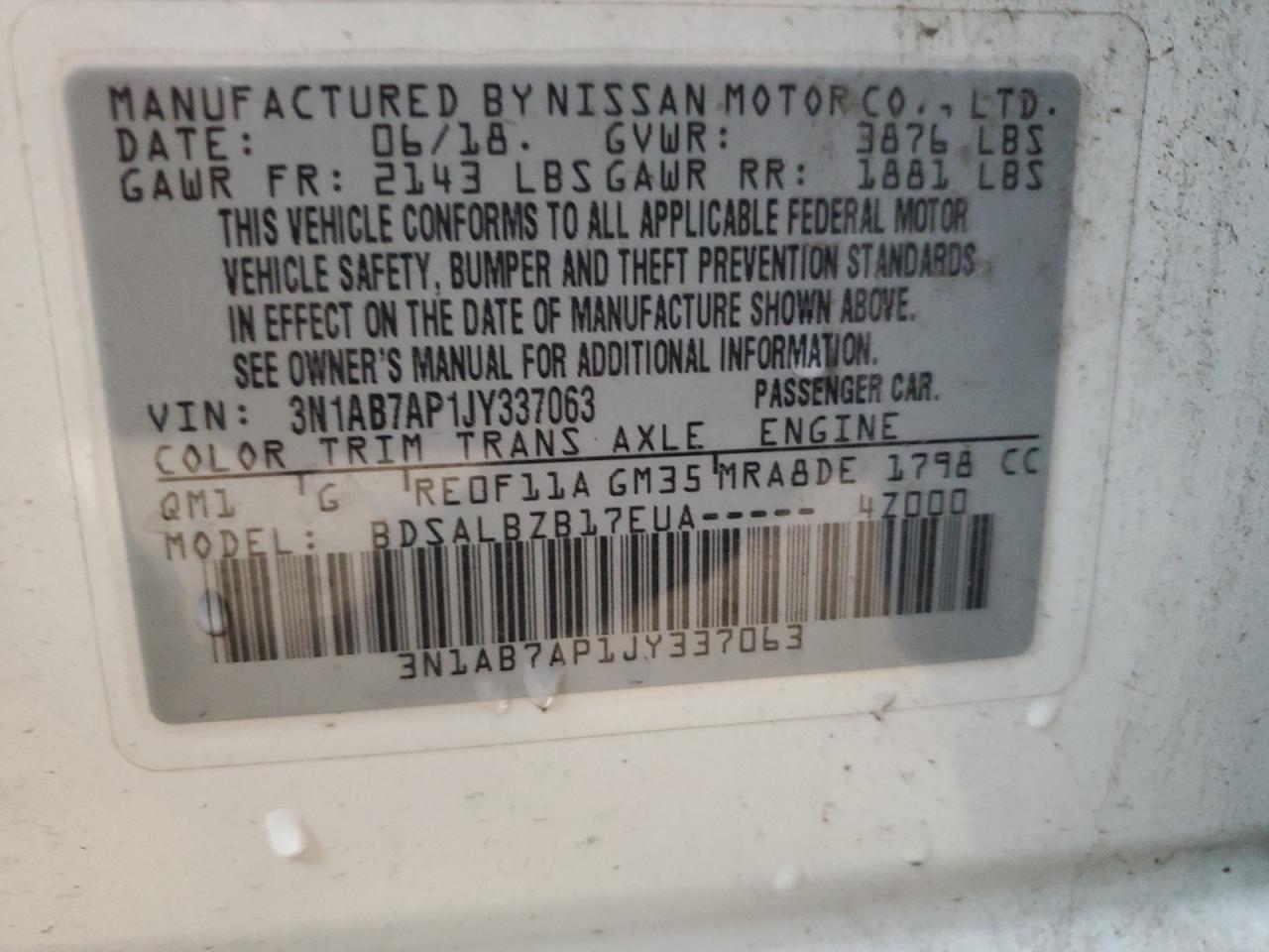 2018 Nissan Sentra S VIN: 3N1AB7AP1JY337063 Lot: 85372355