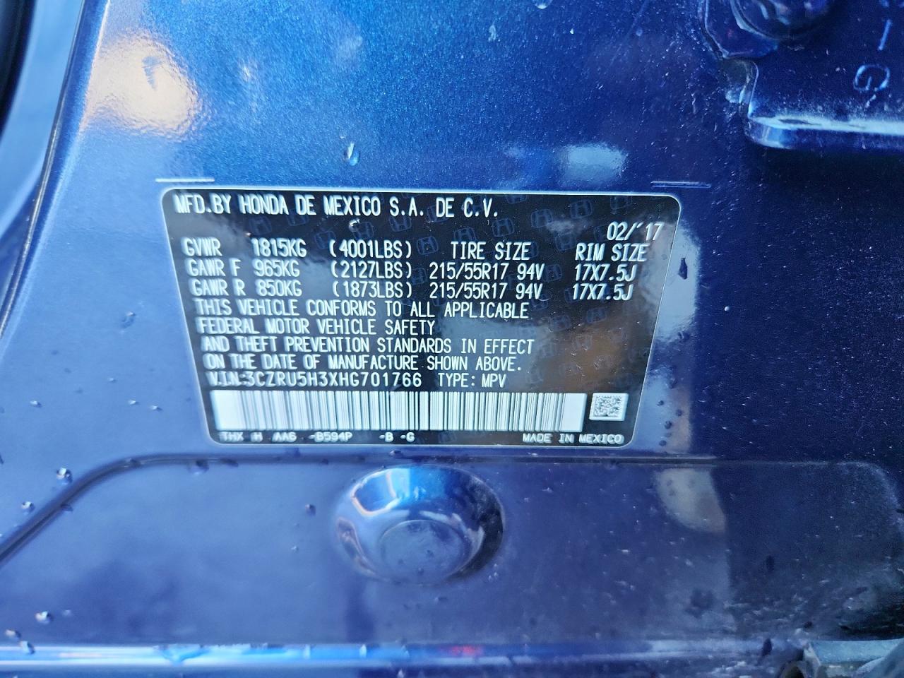 2017 Honda Hr-V Lx VIN: 3CZRU5H3XHG701766 Lot: 85385865