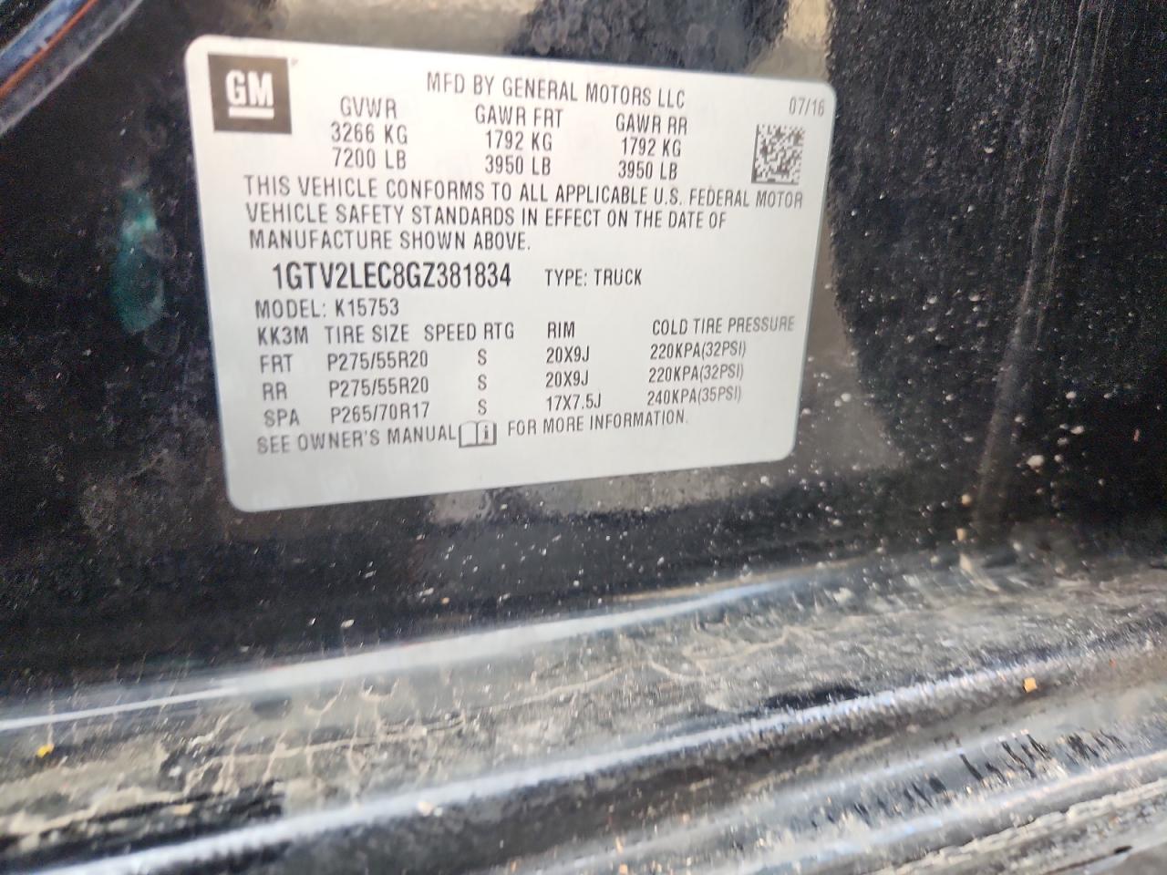 2016 GMC Sierra K1500 VIN: 1GTV2LEC8GZ381834 Lot: 82645465