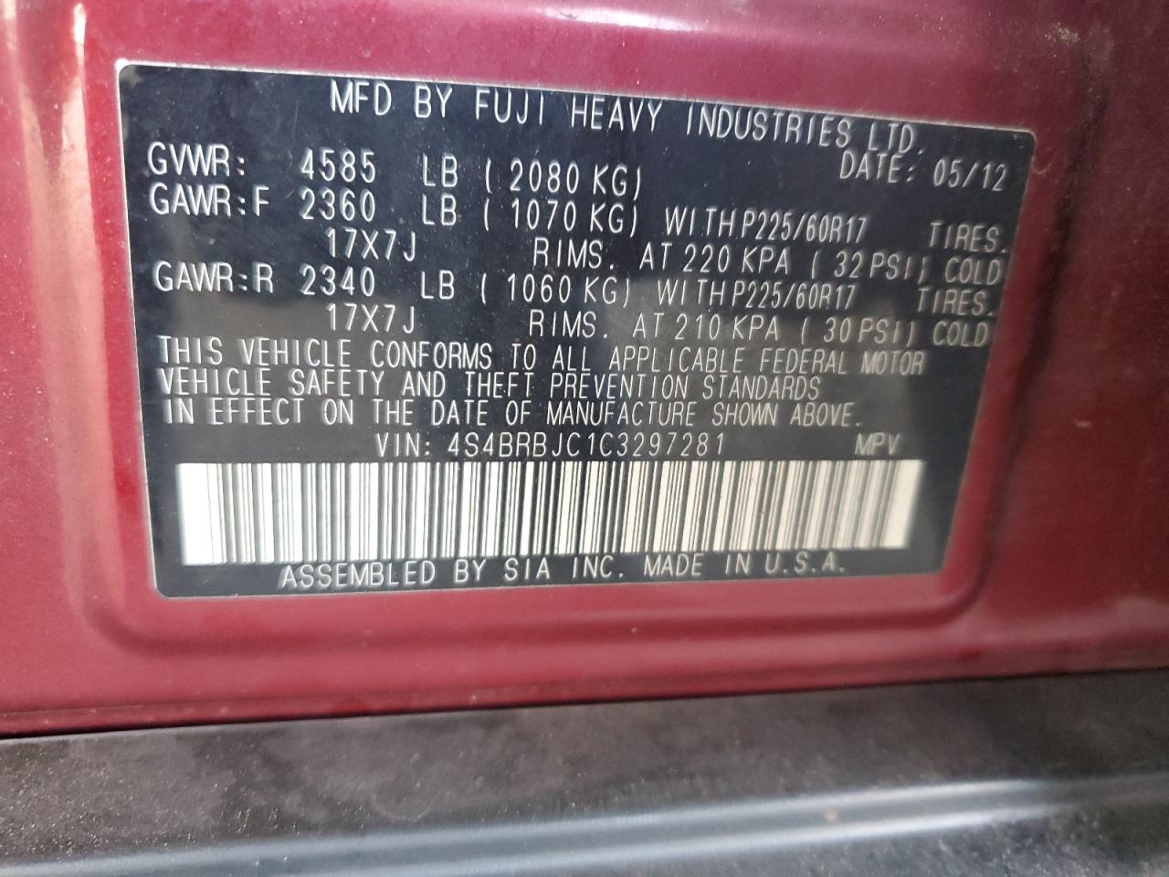 2012 Subaru Outback 2.5I Limited VIN: 4S4BRBJC1C3297281 Lot: 90030365