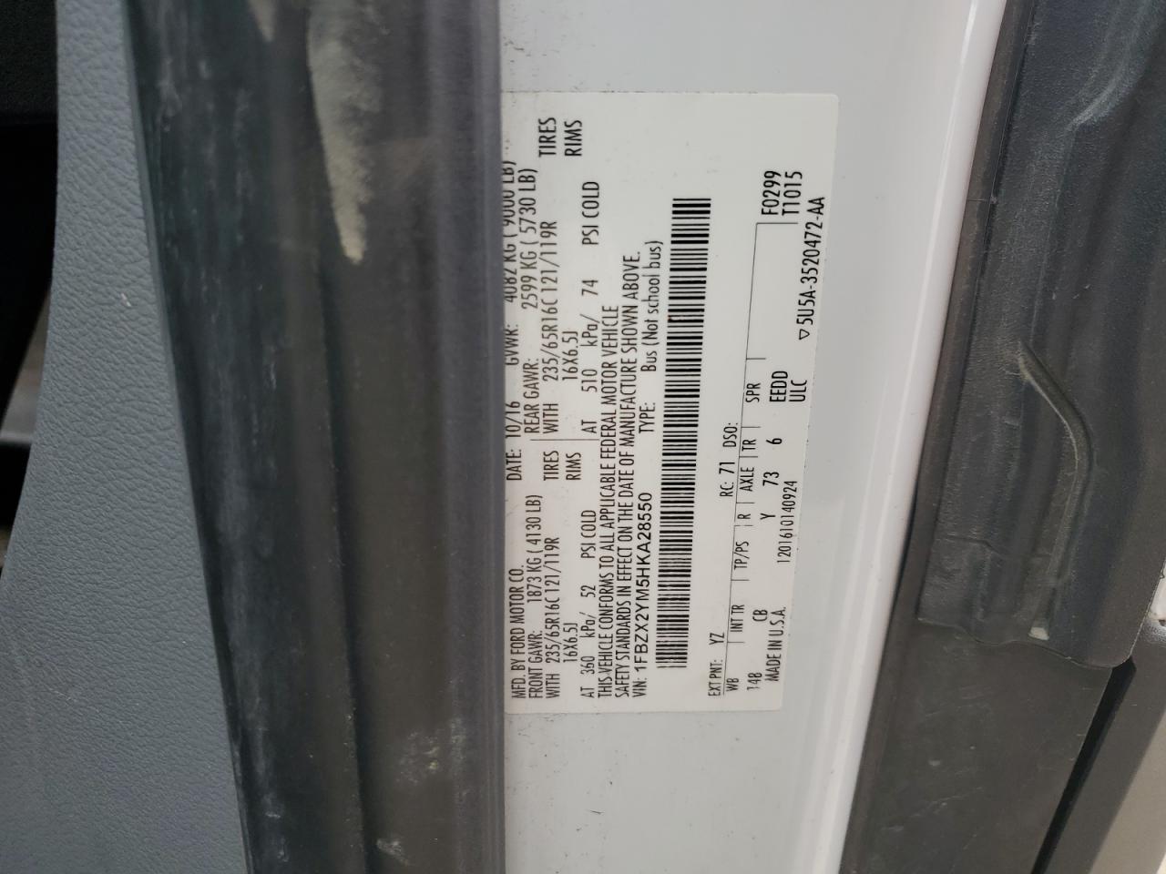 2017 Ford Transit T-350 VIN: 1FBZX2YM5HKA28550 Lot: 86304805