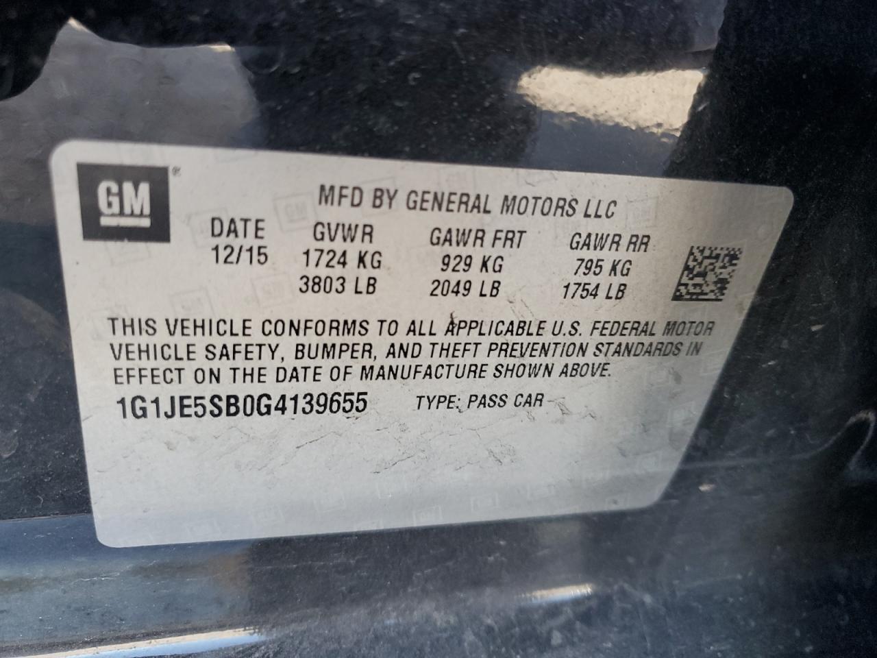 2016 Chevrolet Sonic Ltz VIN: 1G1JE5SB0G4139655 Lot: 85317025