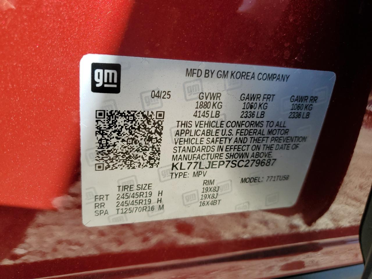 2025 Chevrolet Trax 2Rs VIN: KL77LJEP7SC279687 Lot: 89874085