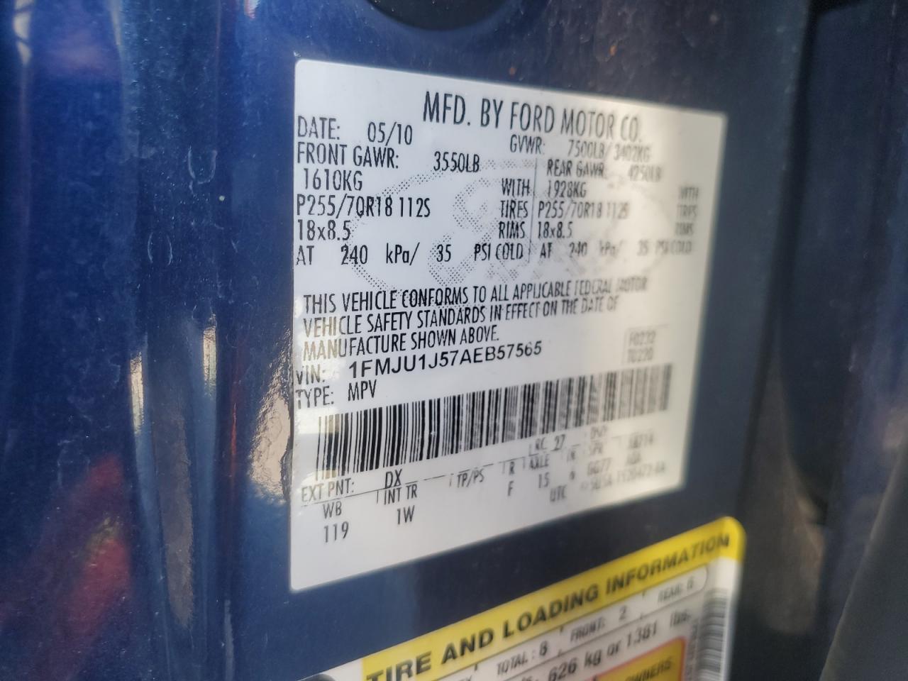 2010 Ford Expedition Eddie Bauer VIN: 1FMJU1J57AEB57565 Lot: 84412545