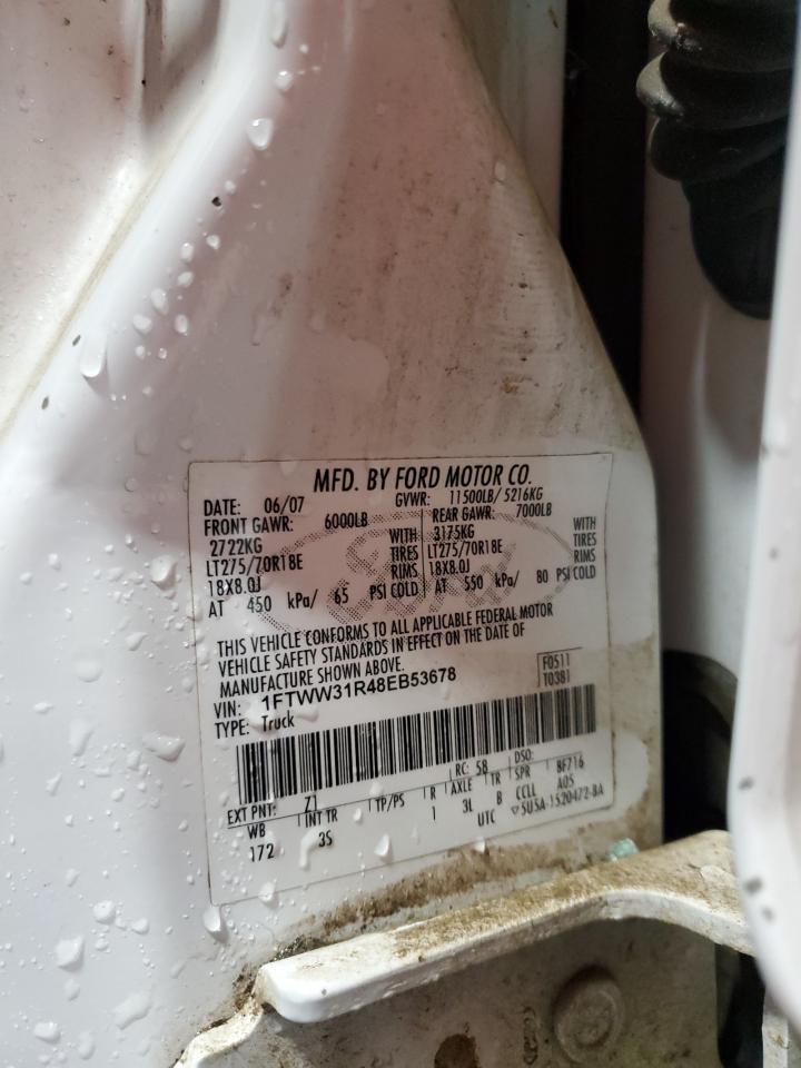 2008 Ford F350 Srw Super Duty VIN: 1FTWW31R48EB53678 Lot: 89487465