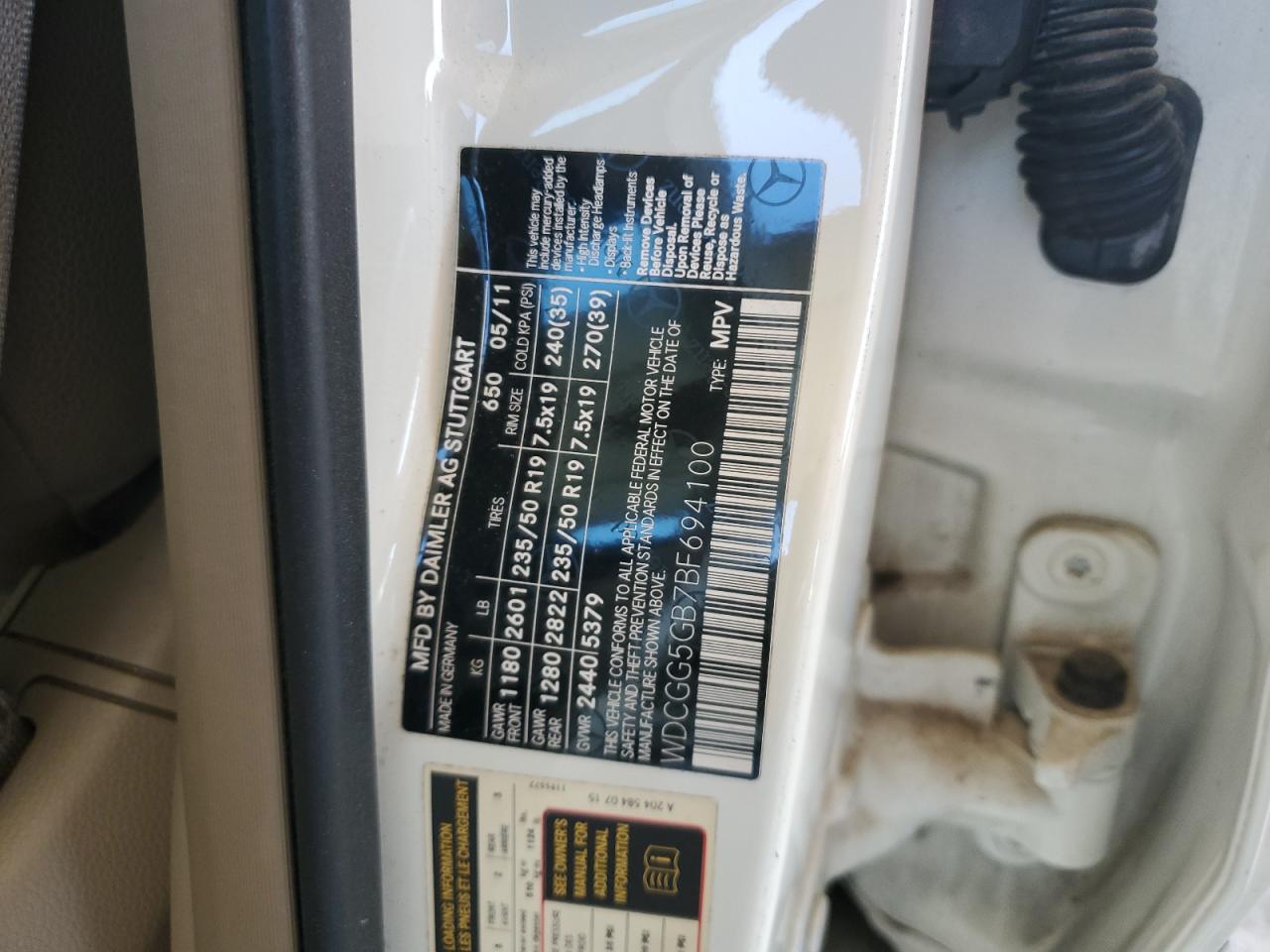 2011 Mercedes-Benz Glk 350 VIN: WDCGG5GB7BF694100 Lot: 82478105