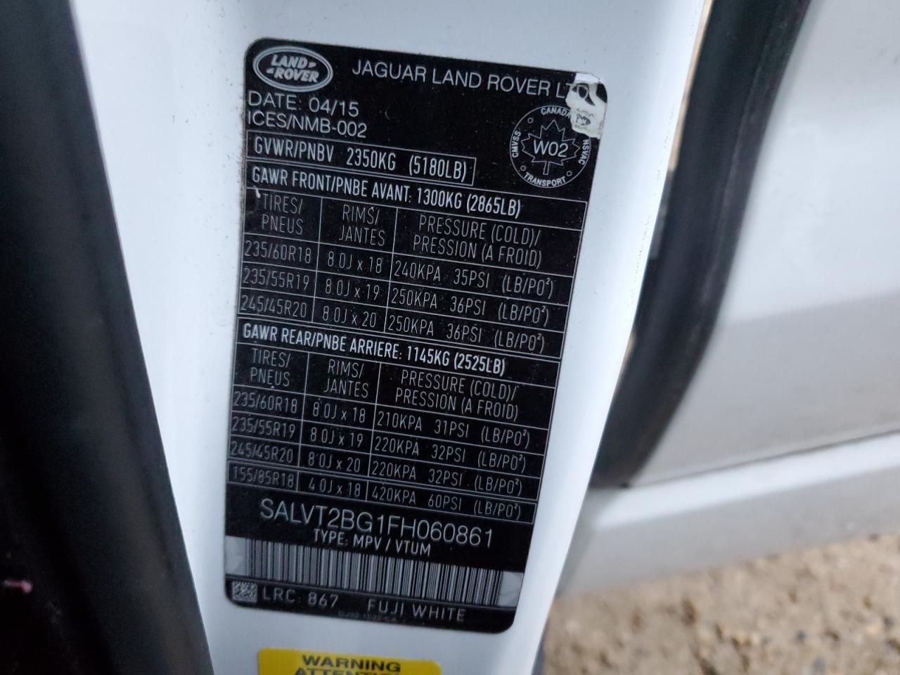2015 Land Rover Range Rover Evoque Dynamic Premium VIN: SALVT2BG1FH060861 Lot: 87400625