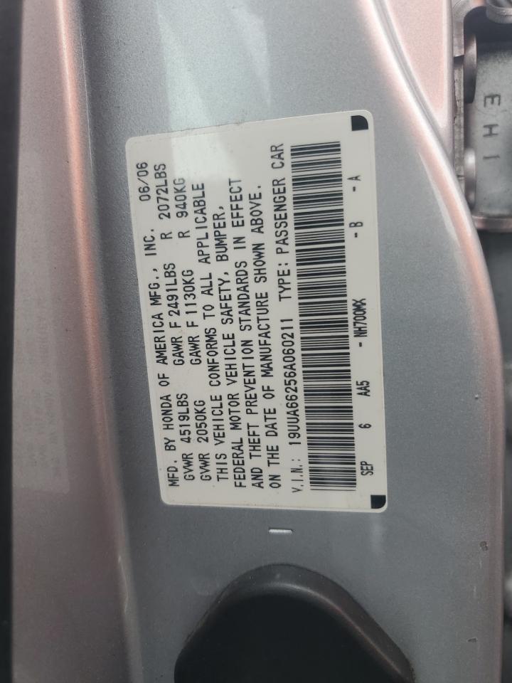 2006 Acura 3.2Tl VIN: 19UUA66256A060211 Lot: 85546955