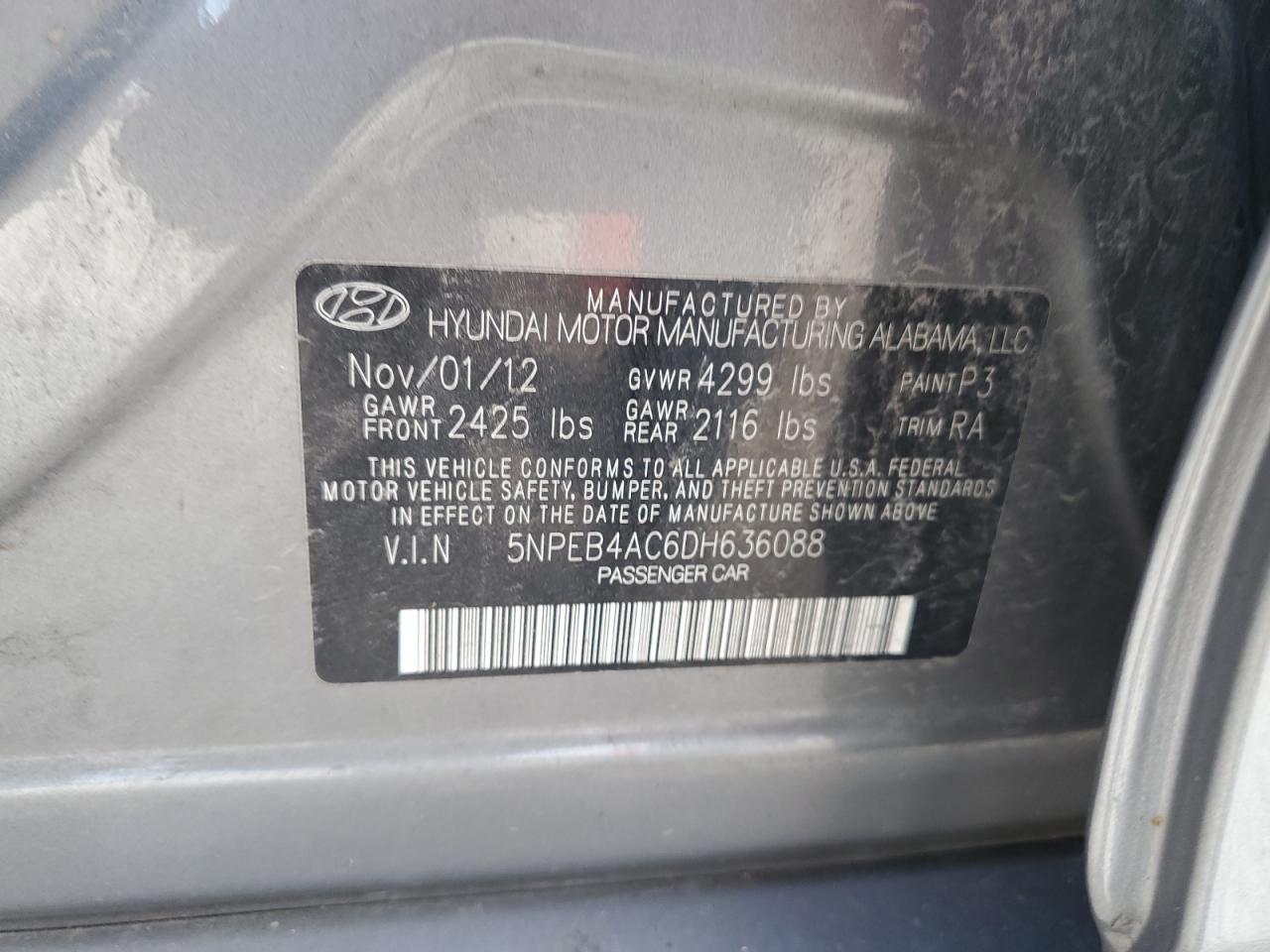 2013 Hyundai Sonata Gls VIN: 5NPEB4AC6DH636088 Lot: 85574155