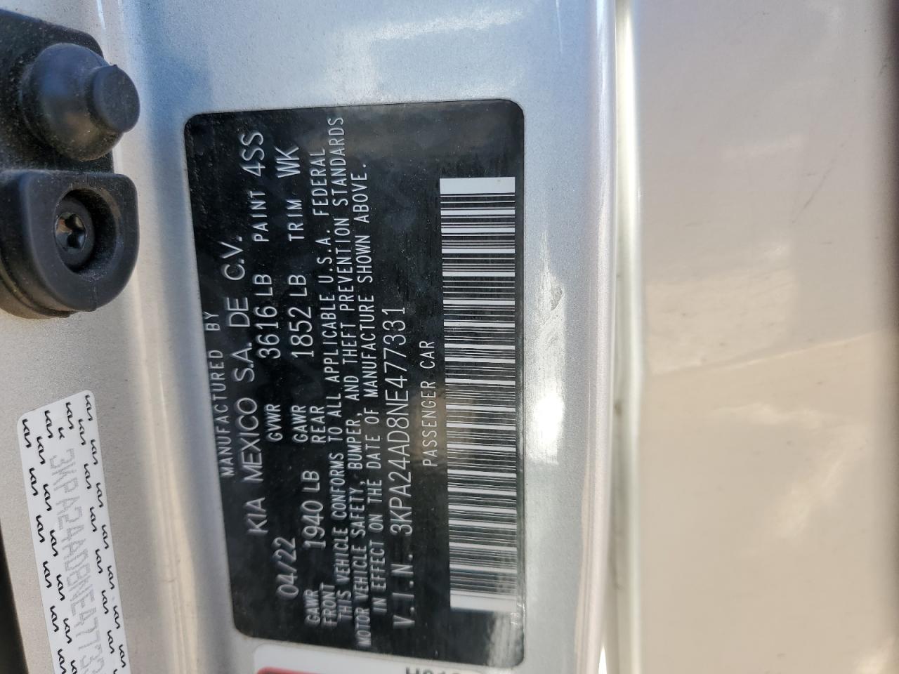 2022 Kia Rio Lx VIN: 3KPA24AD8NE477331 Lot: 82499745