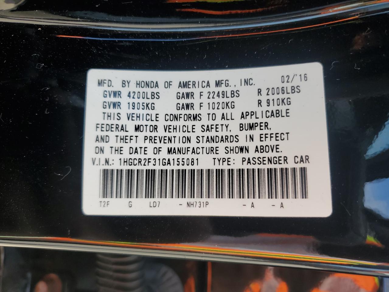 2016 Honda Accord Lx VIN: 1HGCR2F31GA155081 Lot: 84618385