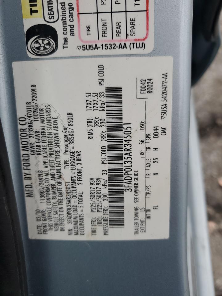 2010 Ford Fusion Hybrid VIN: 3FADP0L35AR345051 Lot: 90279375