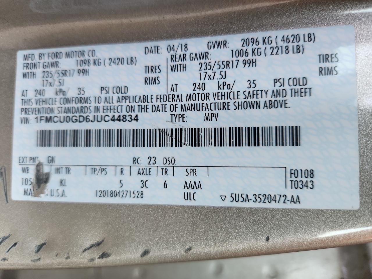 2018 Ford Escape Se VIN: 1FMCU0GD6JUC44834 Lot: 84605735