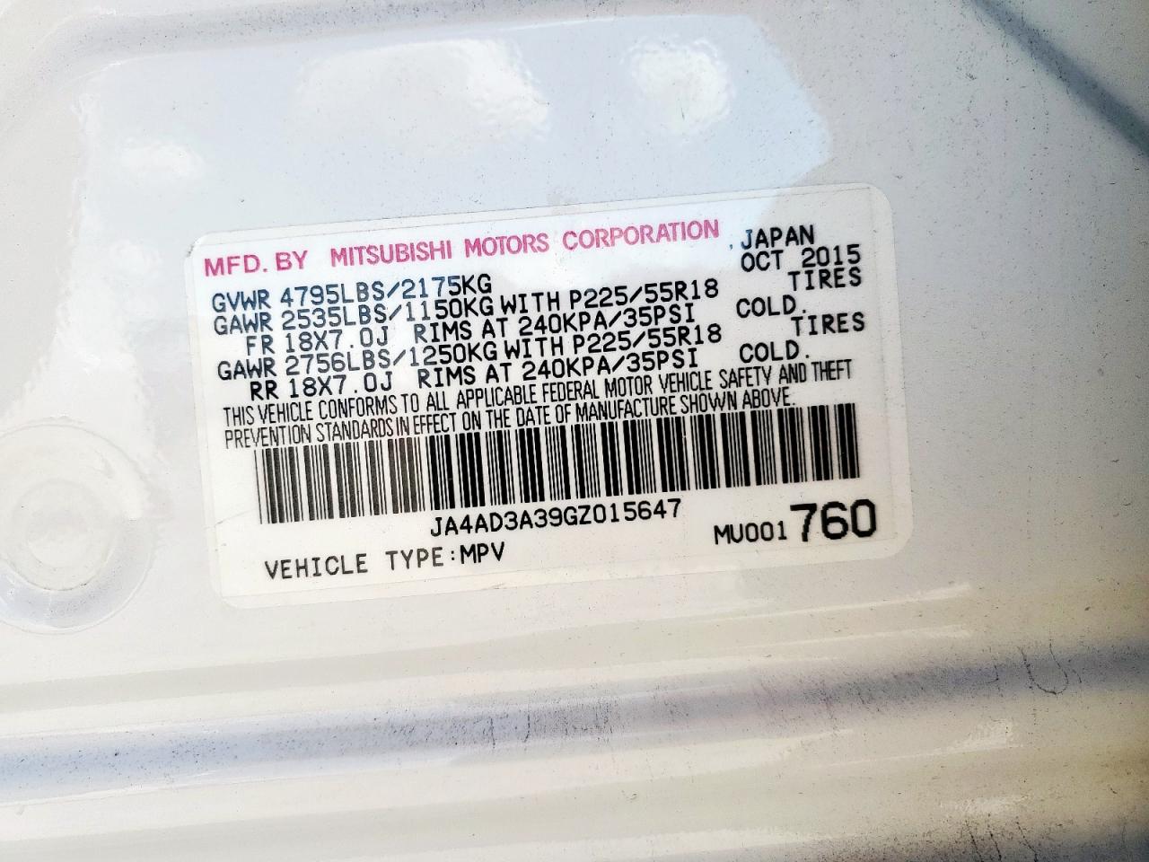 2016 Mitsubishi Outlander Se VIN: JA4AD3A39GZ015647 Lot: 83835055