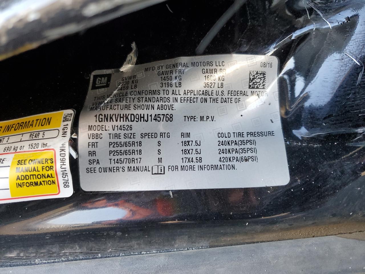 2017 Chevrolet Traverse Lt VIN: 1GNKVHKD9HJ145768 Lot: 90710215