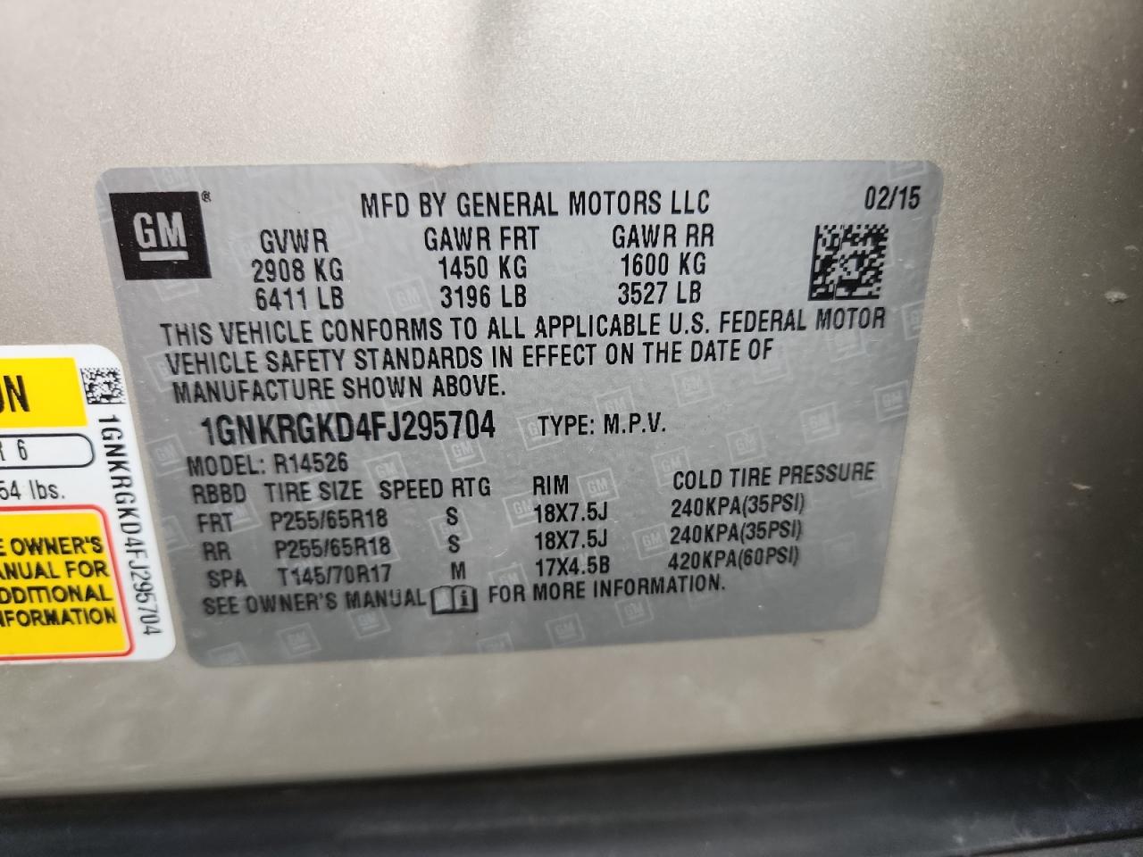 2015 Chevrolet Traverse Lt VIN: 1GNKRGKD4FJ295704 Lot: 85142775