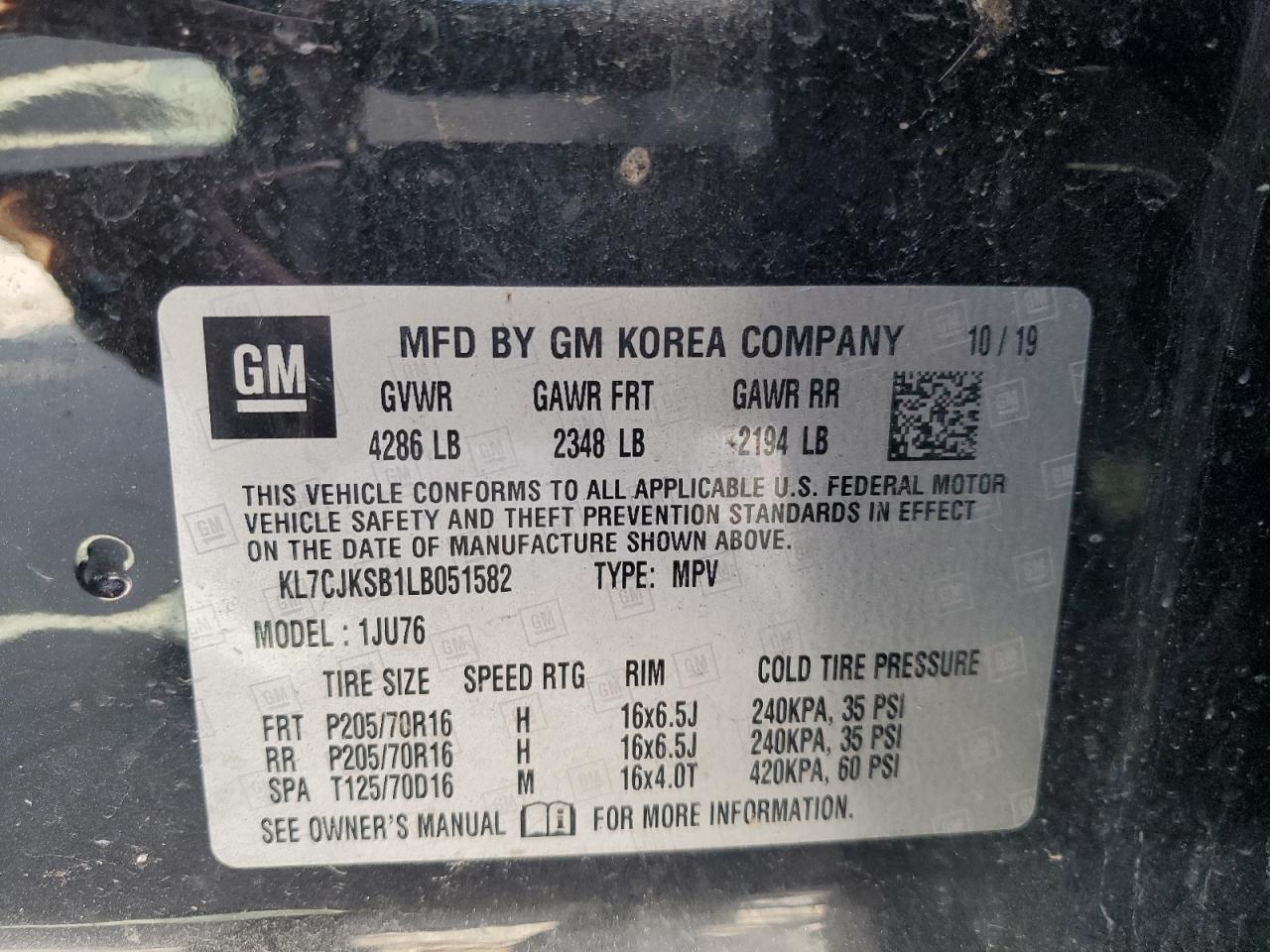 2020 Chevrolet Trax Ls VIN: KL7CJKSB1LB051582 Lot: 86824725