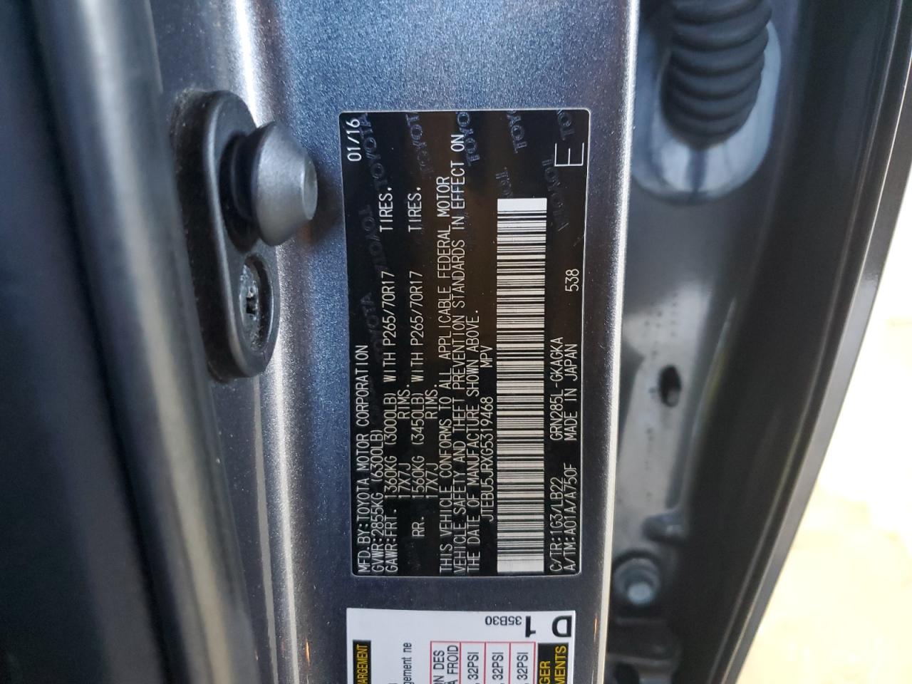 2016 Toyota 4Runner Sr5/Sr5 Premium VIN: JTEBU5JRXG5319468 Lot: 85344075