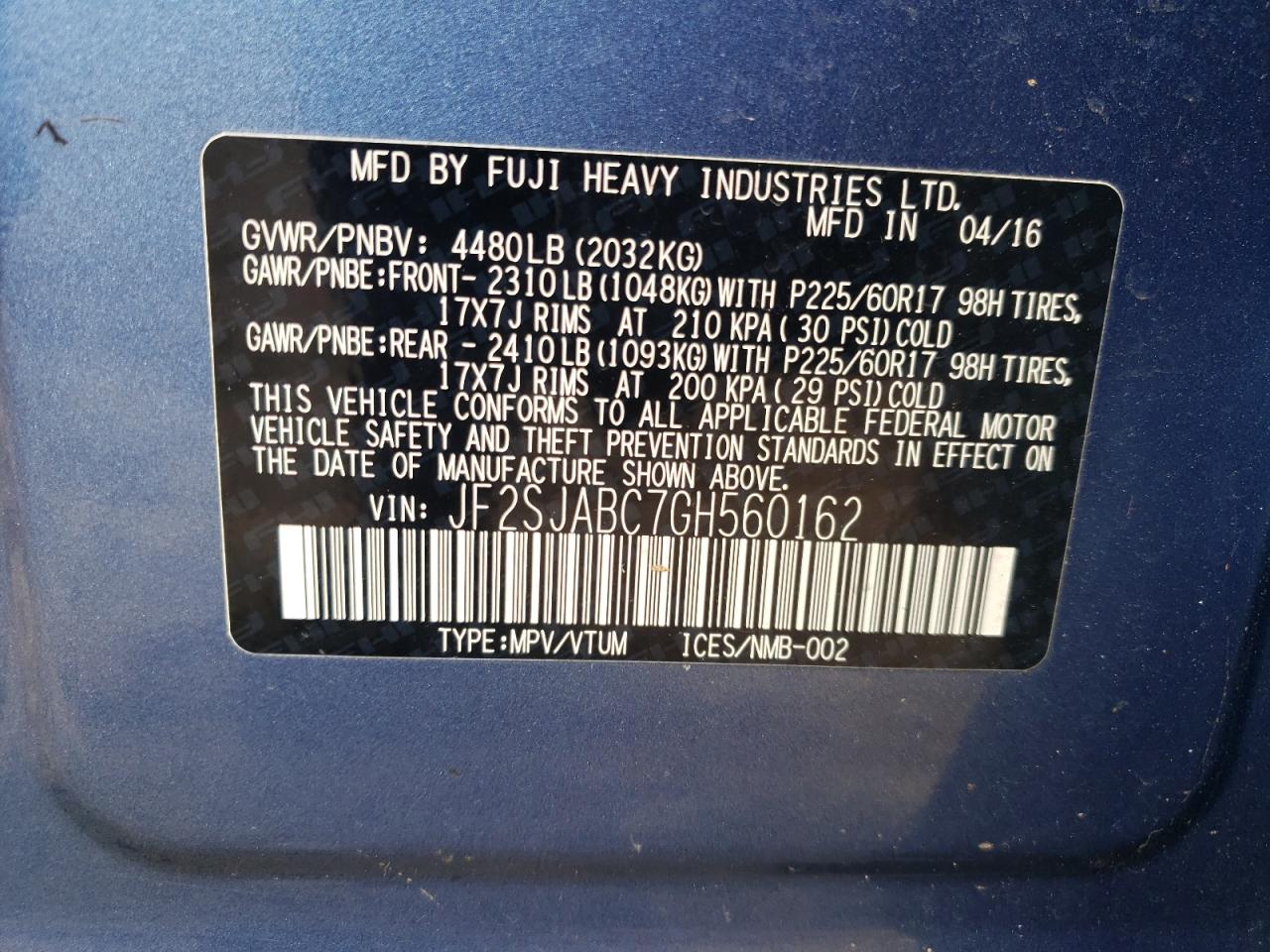 2016 Subaru Forester 2.5I VIN: JF2SJABC7GH560162 Lot: 81984685