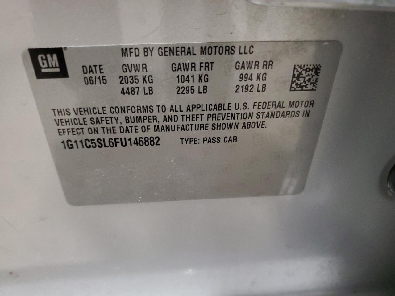 2015 Chevrolet Malibu 1Lt VIN: 1G11C5SL6FU146882 Lot: 82417135