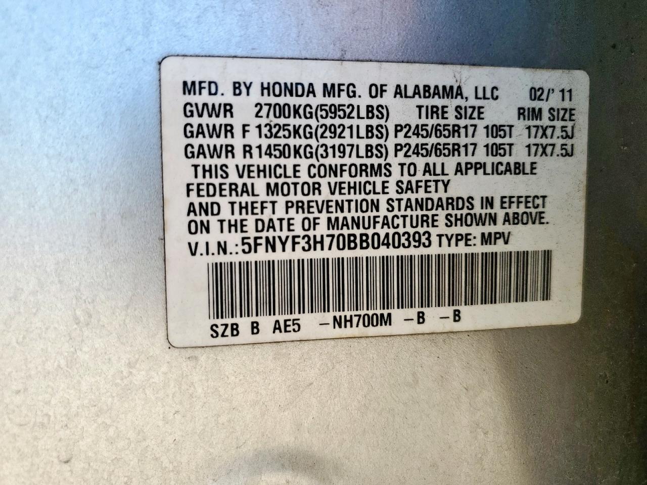 2011 Honda Pilot Exln VIN: 5FNYF3H70BB040393 Lot: 86651695